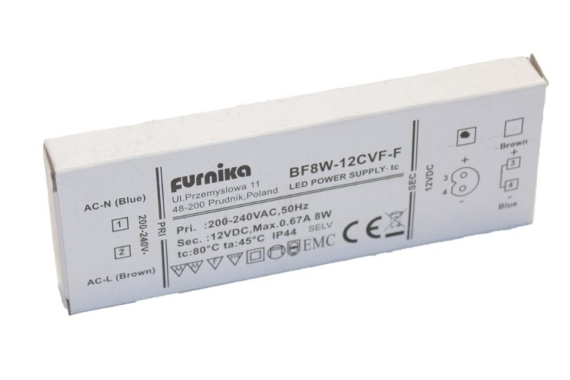 LED napáječ IP44 FURNIKA 8W 12V s IP44 konektorem
