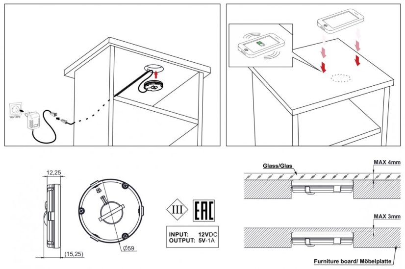 Bezdrátová nabíječka mobilních telefonů - 60mm - pod desku