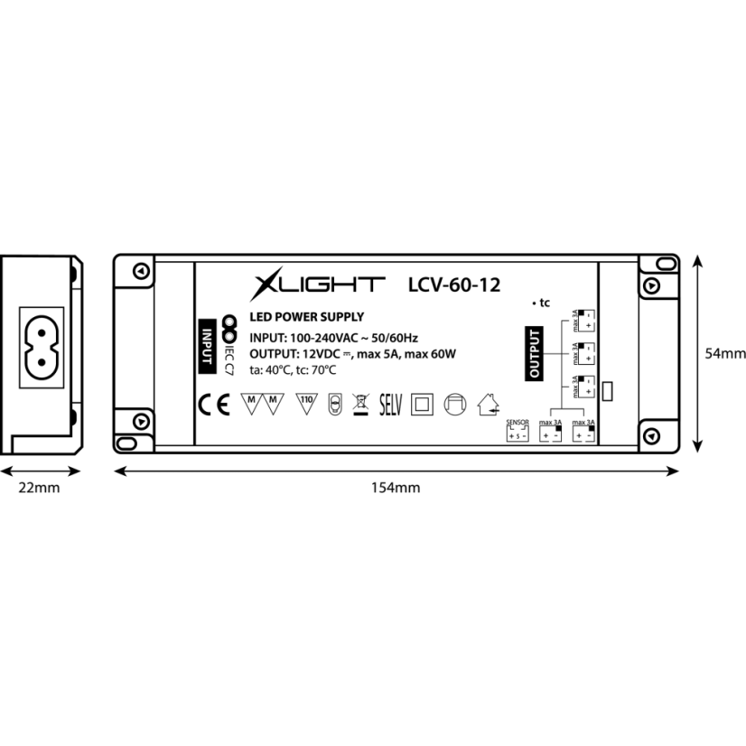 XLIGHT LED napáječ 60W 12V (LCV-60-12) s přívodním kabelem 1,5m