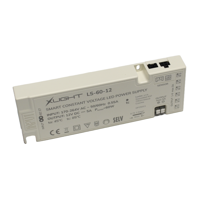 XLIGHT LED napáječ 60W 12V (LS-60-12) se senzorovým vstupem a mini led konektory